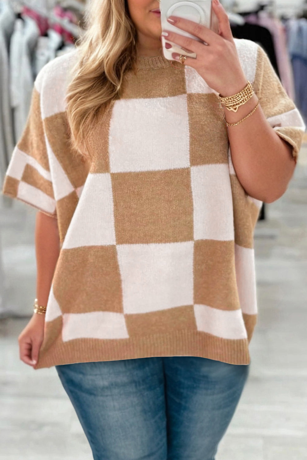 French Beige Plus Size Checkered Knit Short Sleeve Sweater Dear-Lover Dropshipping